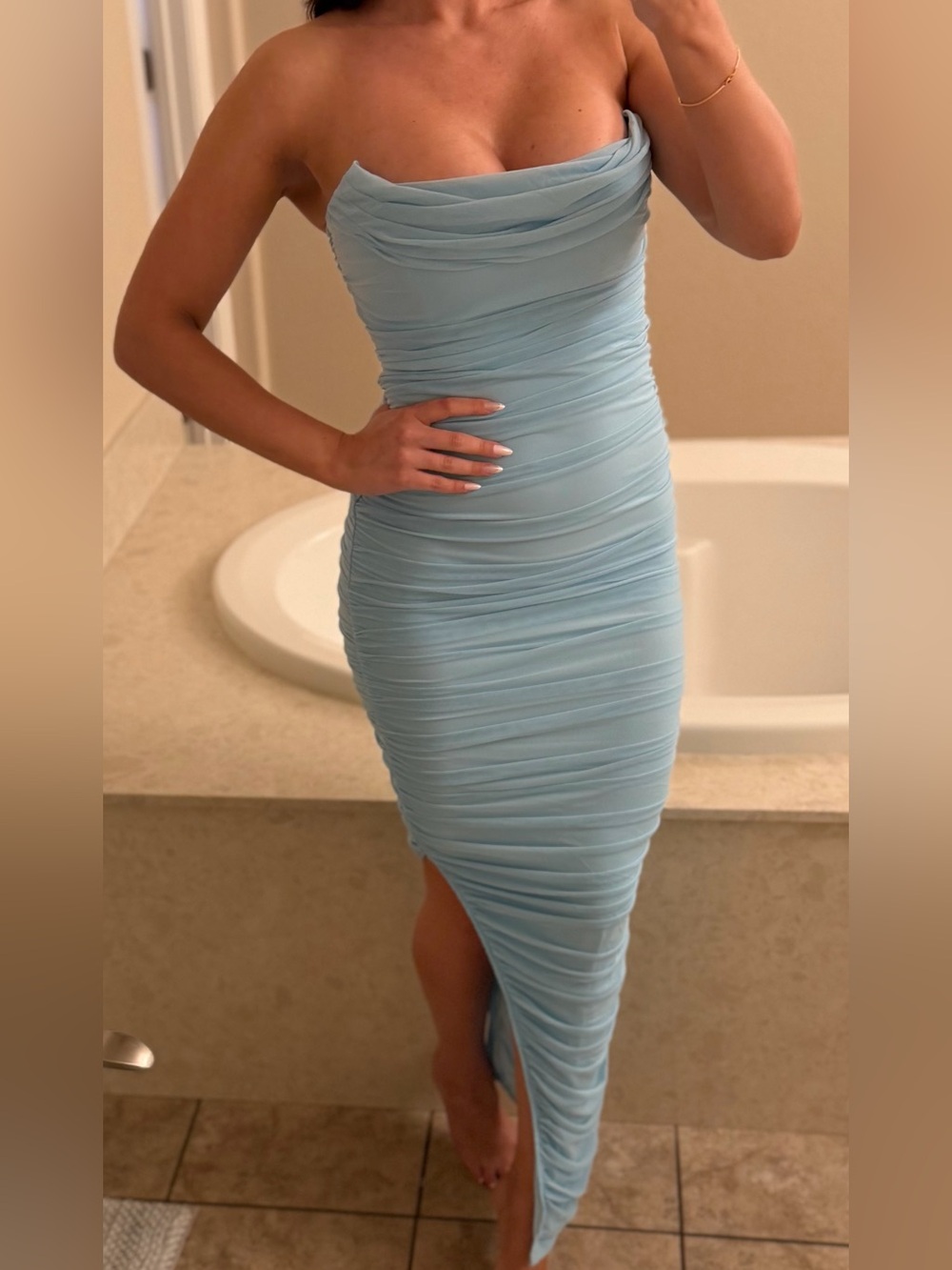 Strapless Ruched Light Blue Bodycon Dress
